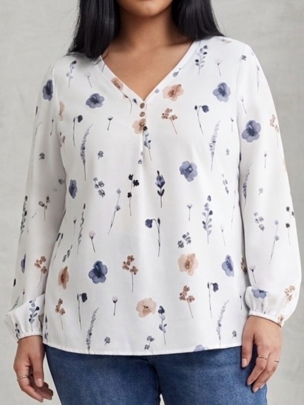 EMERY ROSE Floral V-Neck Lantern Sleeve Blouse Cream 1X EUC